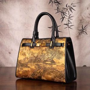 Ostrich Print Leather Messenger Tote