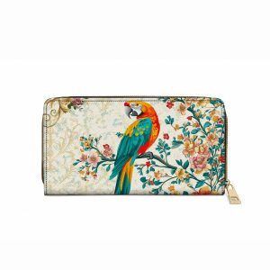 Leather Clutch Purse With Wristlet Strap Handle Macaw Enchantment