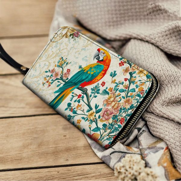 Leather Clutch Purse With Wristlet Strap Handle Macaw Enchantment - Image 3