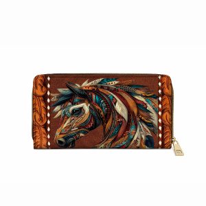 Leather Clutch Purse With Wristlet Strap Handle Tribal Horse Majesty