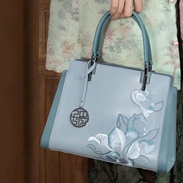 Embroidery Leather Magnolia Crossbody Tote Bag Women Handbag - Image 2