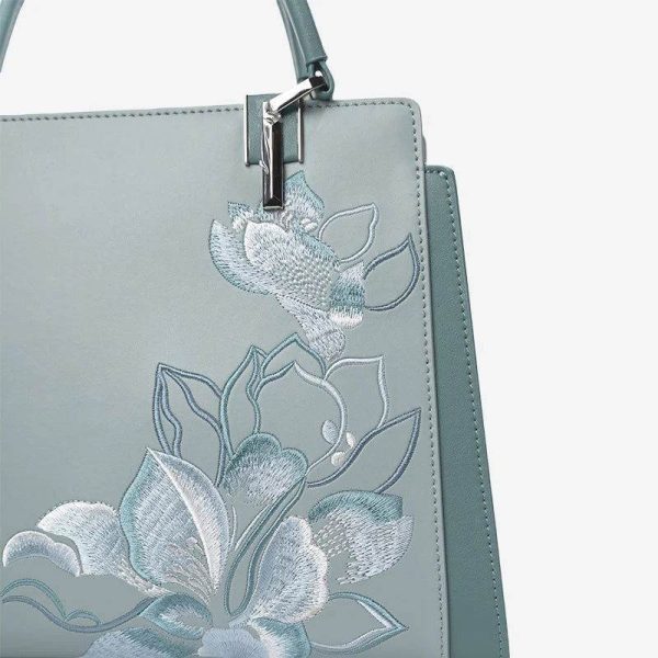 Embroidery Leather Magnolia Crossbody Tote Bag Women Handbag - Image 3