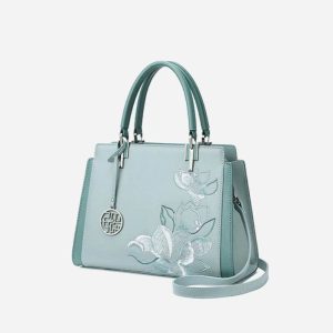 Embroidery Leather Magnolia Crossbody Tote Bag Women Handbag