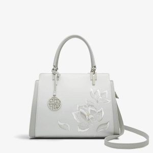 Embroidery Leather Magnolia Crossbody Tote Bag Women Handbag
