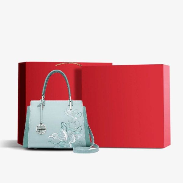 Embroidery Leather Magnolia Crossbody Tote Bag Women Handbag - Image 5